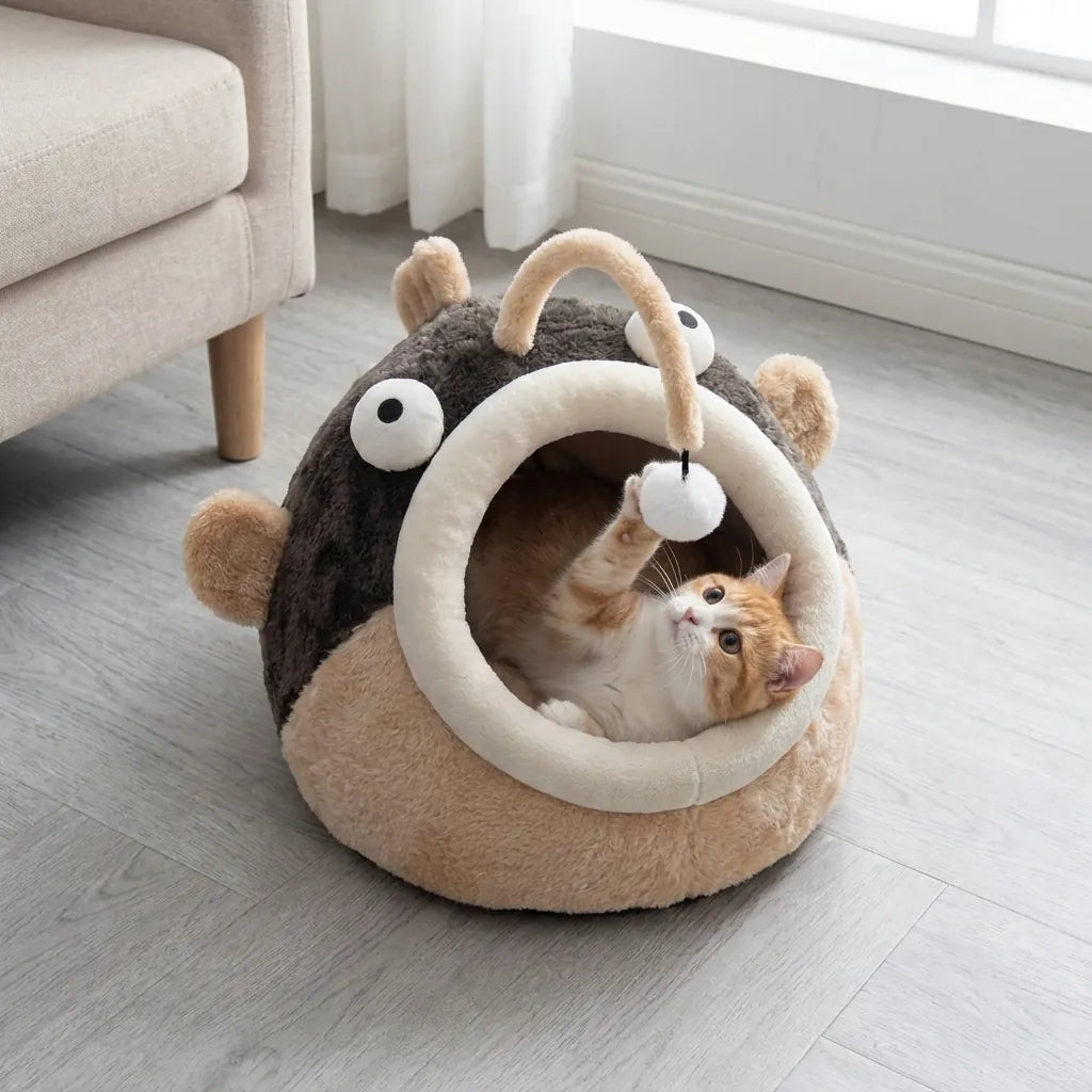 Gato jugando con el pompón de la cama pez