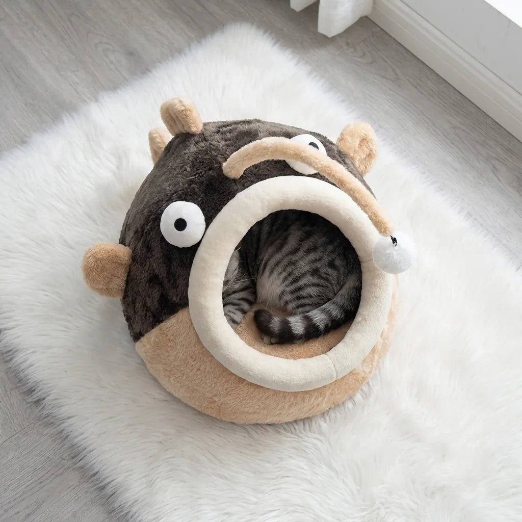 Gato enroscado dentro de la cama pez